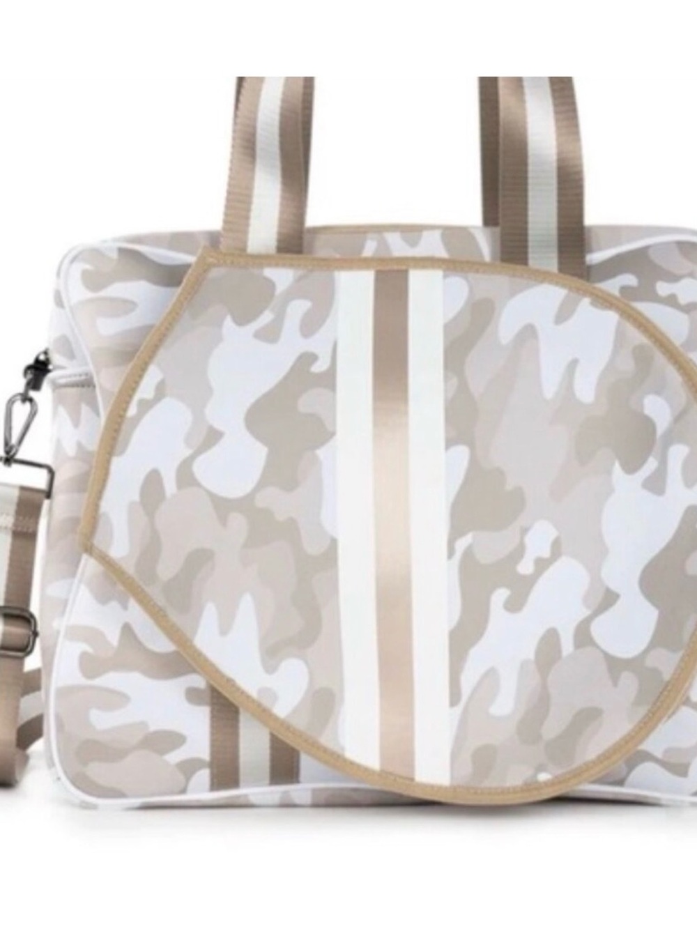 HAUTE SHORE Beige and White Camo Tote with Striped Handles